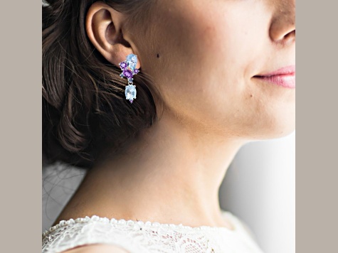 Sky Blue Topaz, Amethyst and CZ Rhodium Over Sterling Silver Earrings