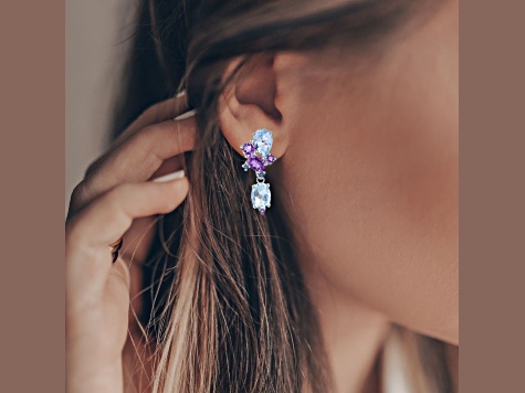 Sky Blue Topaz, Amethyst and CZ Rhodium Over Sterling Silver Earrings