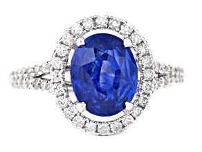 Oval Blue Sapphire and White Diamond 18K White Gold Ring. 4.47 CTW