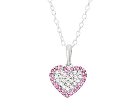 Lab Ruby And White Cubic Zirconia Rhodium Over Silver Children's Heart Pendant With Chain 0.28ctw