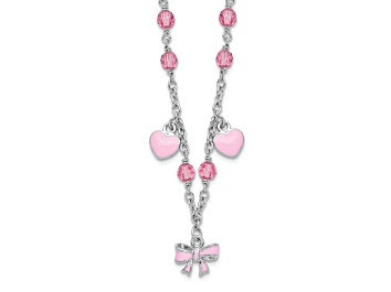 Picture of Rhodium Over Sterling Silver Crystal and Pink Enamel Heart with 1-inch Extension Children's Necklace