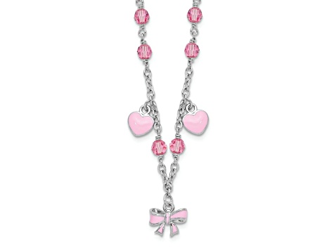 Rhodium Over Sterling Silver Crystal and Pink Enamel Heart with 1-inch Extension Children's Necklace