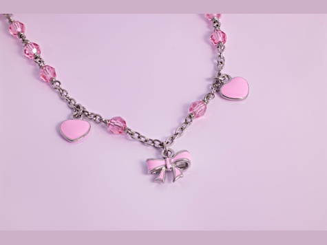 Rhodium Over Sterling Silver Crystal and Pink Enamel Heart with 1-inch Extension Children's Necklace