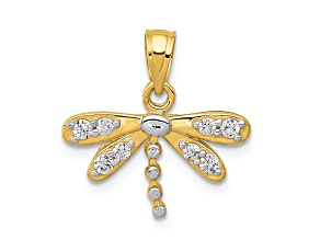 10k Yellow Gold and Rhodium Over 10k Yellow Gold Cubic Zirconia Dragonfly Charm