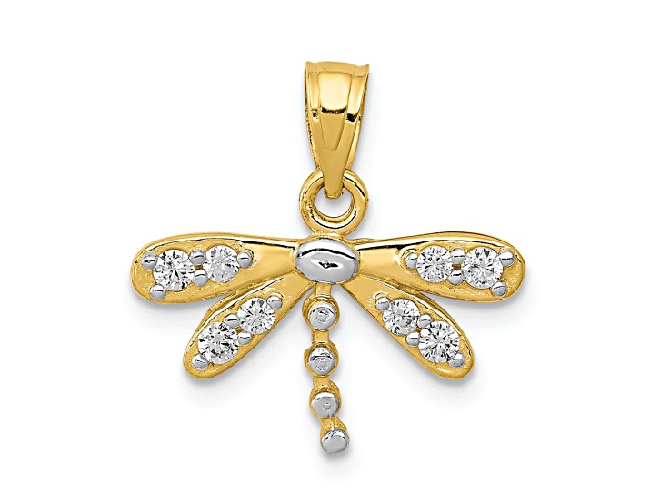 10k Yellow Gold and Rhodium Over 10k Yellow Gold Cubic Zirconia Dragonfly Charm
