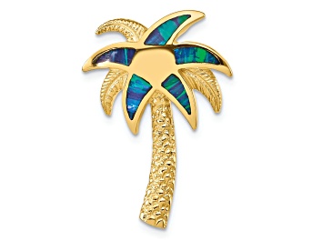 Picture of 14k Yellow Gold Textured Lab Created Opal Palm Tree Slide