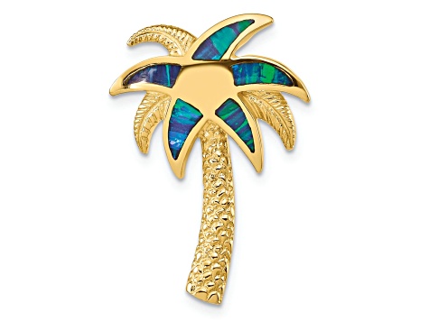 14k Yellow Gold Textured Lab Created Opal Palm Tree Slide