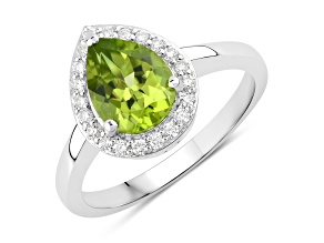Olive Green Peridot and Lab Grown Diamond Rhodium Over Silver Teardrop Ring 1.67ctw