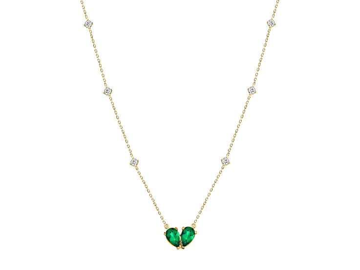 10K Yellow Gold 0.50CTW Pear Lab Created Emerald and Round Lab-Grown White Diamond Necklace