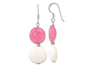 Sterling Silver Pink and White Jadeite and Crystal Shepherd Hook Earrings