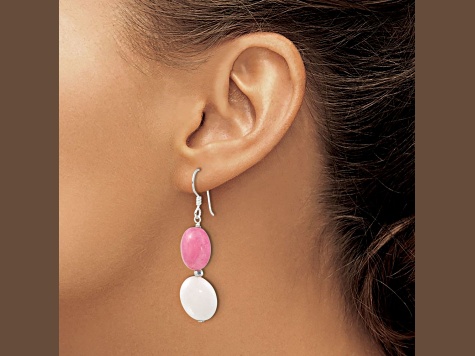Sterling Silver Pink and White Jadeite and Crystal Shepherd Hook Earrings