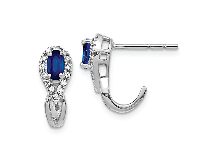Rhodium Over 10k White Gold 9/16" 0.14ctw Diamond and 0.5ctw Sapphire Birthstone J-Hoop Earrings
