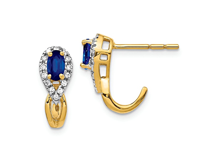 10k Yellow Gold and Rhodium Over 10k Yellow Gold 0.14ctw Diamond, 0.5ctw Sapphire J-Hoop Earrings