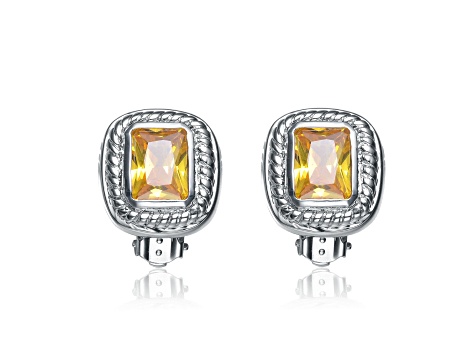 Yellow Cubic Zirconia, Rhodium Plated over Sterling Silver Button Earrings