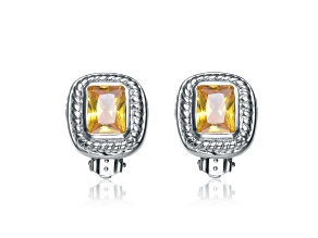 Yellow Cubic Zirconia, Rhodium Plated over Sterling Silver Button Earrings
