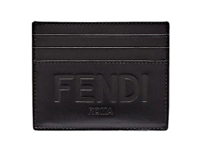 Fendi Roma Black Calfskin Leather Embossed Logo Card Case Wallet