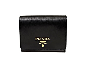 Prada Vitello Move Trifold Compact Wallet Black Leather Logo Plaque