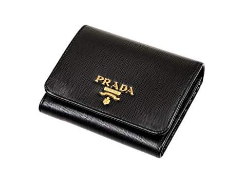 Prada Vitello Move Trifold Compact Wallet Black Leather Logo Plaque 19JQGA JTV