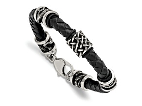 Stainless Steel Antiqued and Polished Dragon Black Braided Leather Bracelet
