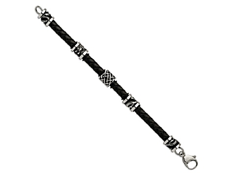 Stainless Steel Antiqued and Polished Dragon Black Braided Leather Bracelet