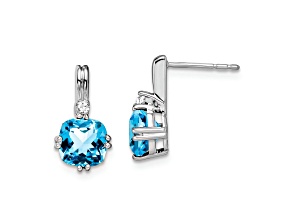 Rhodium Over 10k White Gold 2.5ctw Cushion Blue Topaz December Birthstone, Diamond Stud Earrings