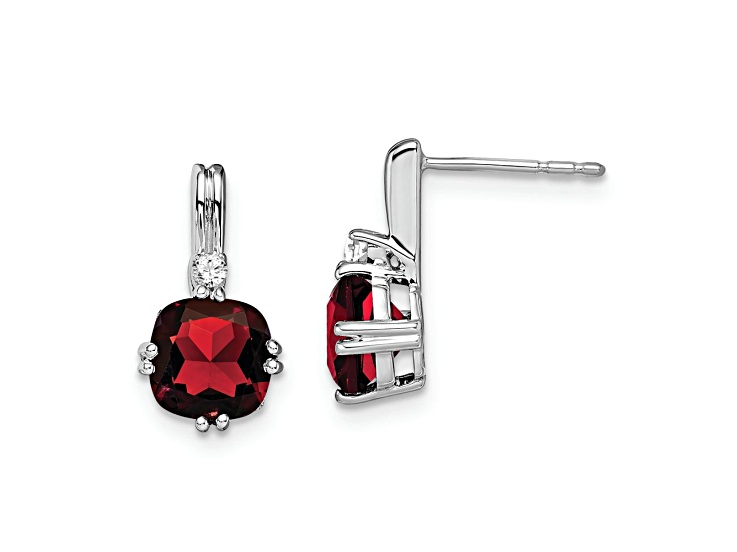 Rhodium Over 10k White Gold 2.5ctw Cushion Garnet January Birthstone and Diamond Stud Earrings