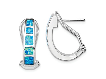 Picture of Rhodium Over Sterling Silver Polished Blue Created Opal Inlay J-Hoop Earrings