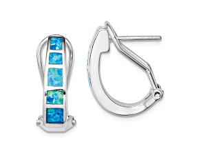 Rhodium Over Sterling Silver Polished Blue Created Opal Inlay J-Hoop Earrings