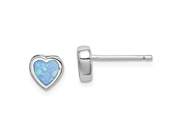 Picture of Rhodium Over Sterling Silver 6mm Blue Created Opal Heart Post Earrings