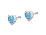 Rhodium Over Sterling Silver 6mm Blue Created Opal Heart Post Earrings