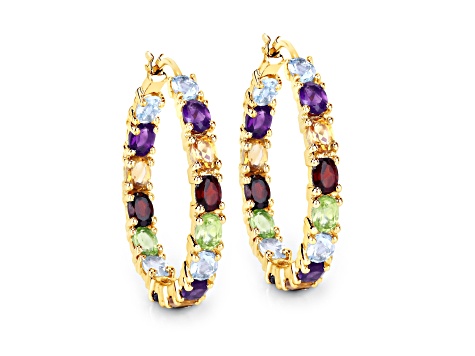 Amethyst, Garnet, Citrine, Peridot and Blue Topaz 14K Gold Over Sterling Silver Hoop Earrings