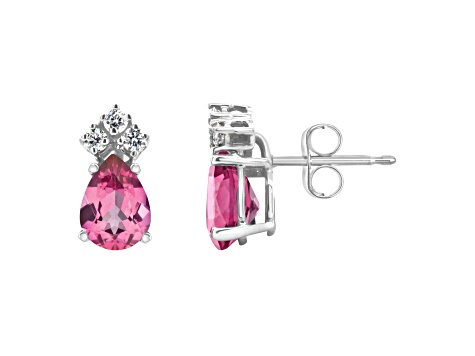 7x5mm Pear Shape Pink Topaz with Diamond Accents 14k White Gold Stud Earrings