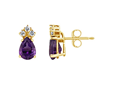 7x5mm Pear Shape Amethyst with Diamond Accents 14k Yellow Gold Stud Earrings