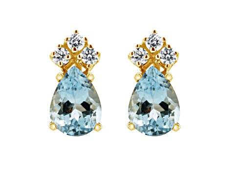 7x5mm Pear Shape Aquamarine with Diamond Accents 14k Yellow Gold Stud Earrings