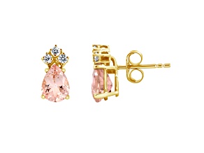 7x5mm Pear Shape Morganite with Diamond Accents 14k Yellow Gold Stud Earrings