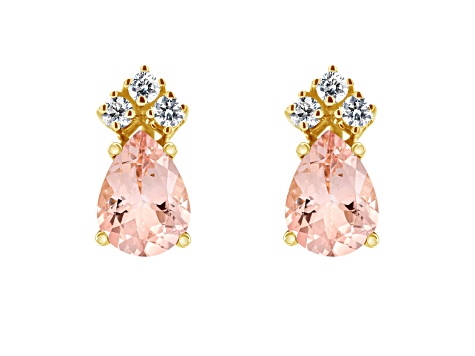 7x5mm Pear Shape Morganite with Diamond Accents 14k Yellow Gold Stud Earrings