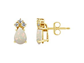 7x5mm Pear Shape Opal with Diamond Accents 14k Yellow Gold Stud Earrings