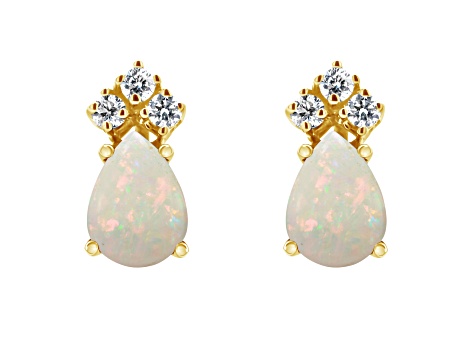 7x5mm Pear Shape Opal with Diamond Accents 14k Yellow Gold Stud Earrings