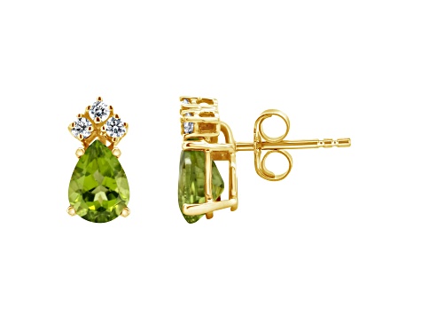 7x5mm Pear Shape Peridot with Diamond Accents 14k Yellow Gold Stud Earrings