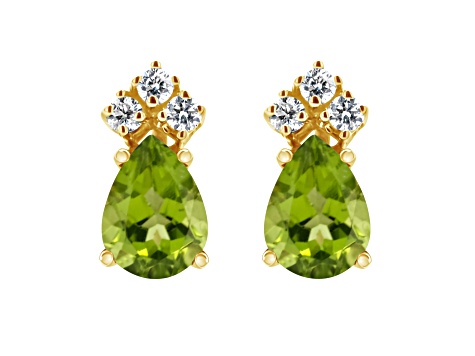 7x5mm Pear Shape Peridot with Diamond Accents 14k Yellow Gold Stud Earrings