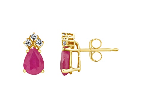 7x5mm Pear Shape Ruby with Diamond Accents 14k Yellow Gold Stud Earrings