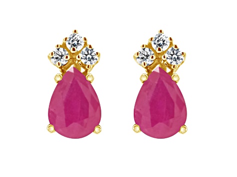 7x5mm Pear Shape Ruby with Diamond Accents 14k Yellow Gold Stud Earrings