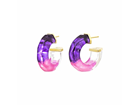 14K Yellow Gold Over Sterling Silver Purple and Pink Faceted Acrylic Huggies