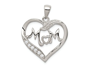 Rhodium Over Sterling Silver MOM Cubic Zirconia Heart Pendant