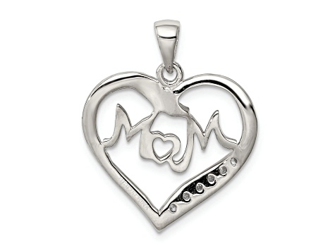 Rhodium Over Sterling Silver MOM Cubic Zirconia Heart Pendant