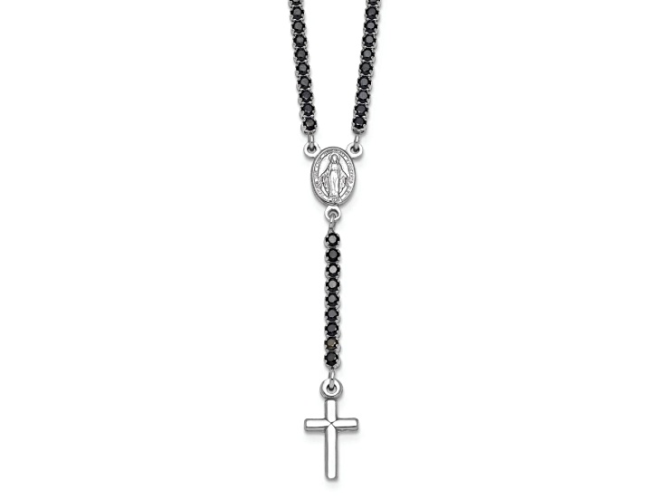 Rhodium Over Sterling Silver Black Cubic Zirconia 15.5-inch with 2-inch Extension Rosary Necklace