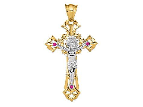 14k Yellow Gold and 14k White Gold Polished and Textured with Red Cubic Zirconia Crucifix Pendant