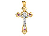 14k Yellow Gold and 14k White Gold Polished and Textured with Red Cubic Zirconia Crucifix Pendant