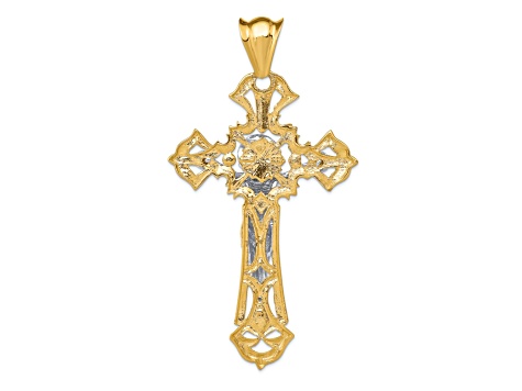 14k Yellow Gold and 14k White Gold Polished and Textured with Red Cubic Zirconia Crucifix Pendant