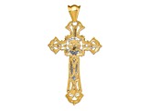 14k Yellow Gold and 14k White Gold Polished and Textured with Red Cubic Zirconia Crucifix Pendant